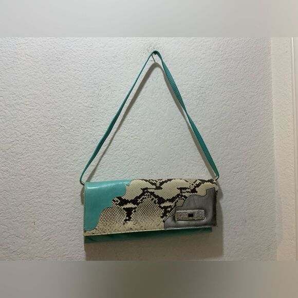 Python Snakeskin Tourquoise Rhinestone Leather purse shoulder clutch wristlet - Picture 1 of 11
